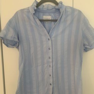 Blue and White blouse with Ruffle Collar